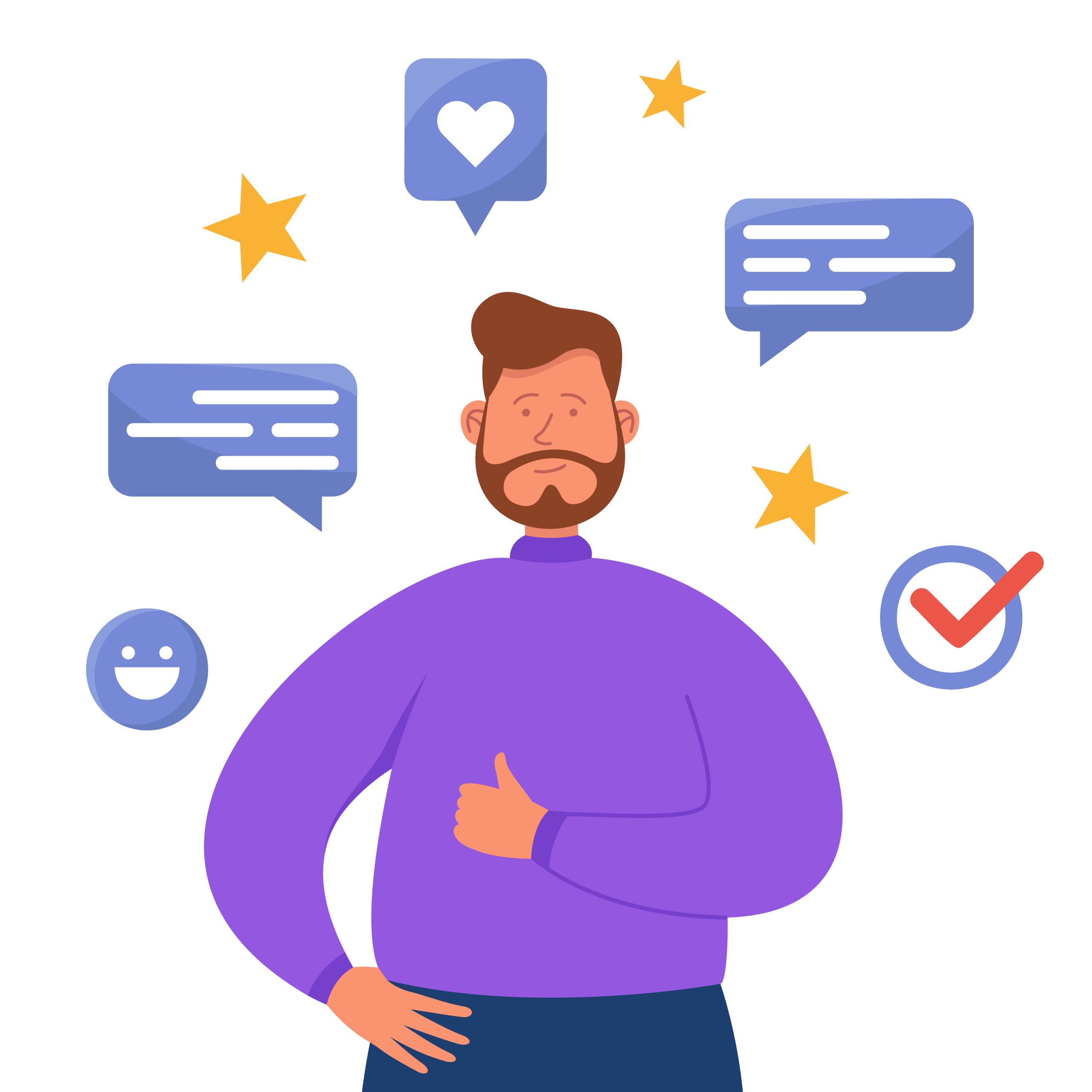 Happy user giving positive review of online service. Client recommending shop or delivery service on social media flat vector illustration. Customer feedback, commerce, marketing concept for banner